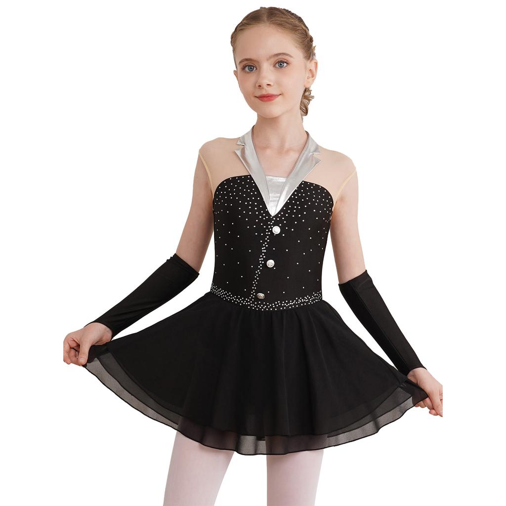 Girls Sparkling Skating Dress Sleeveless Patchwork One Piece with Fingerless Gloves Built In Briefs Performance Costume
