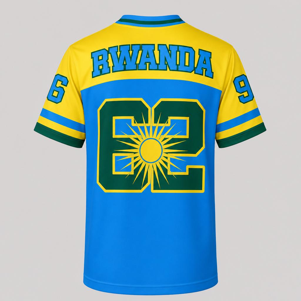 2026 New Casual Loose-fitting Sports Jersey T-shirt with Rwandan Print, Men's and Women's V-neck Short-sleeved Top