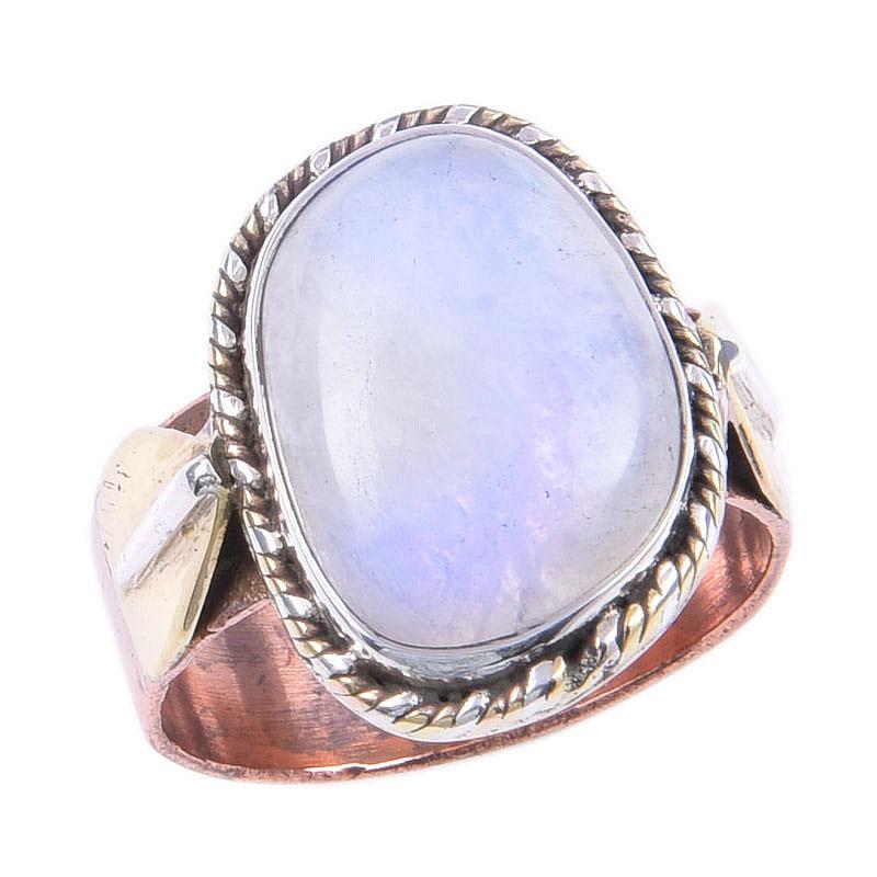 Natural Rainbow Moonstone Gemstone 925 Sterling Silver Two Tone Ring Size 7 U6m63