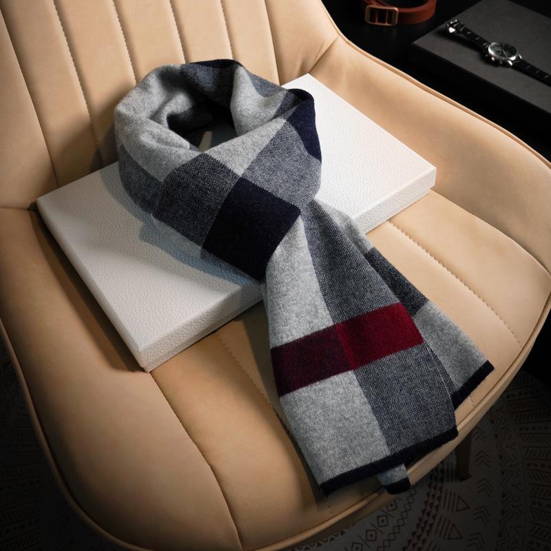 Pure Wool Plaid Scarf Men's Autumn and Winter Versatile Warm Thickened High-end Men's Scarf New Scarf