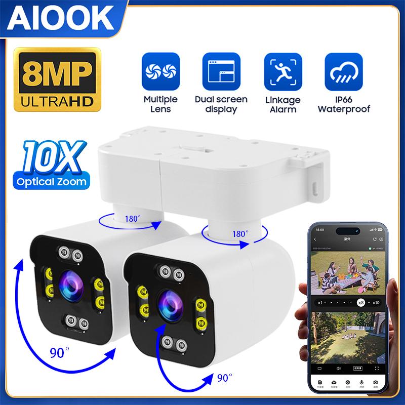AIOOK Наружная водонепроницаемая камера с двойным PTZ WIFI HD с двойным объективом 8MP 4K с двумя объективами, камера ночного видения, 10-кратный зум, настенная камера без слепой зоны, двусторонний домофон