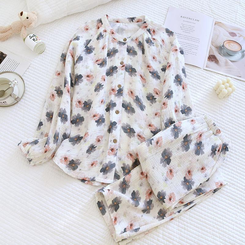 Весенне-осенний женский пижамный комплект из 100% хлопкового крепа с длинными рукавами и длинными брюками, комплект из двух предметов, воротник-стойка, домашняя одежда