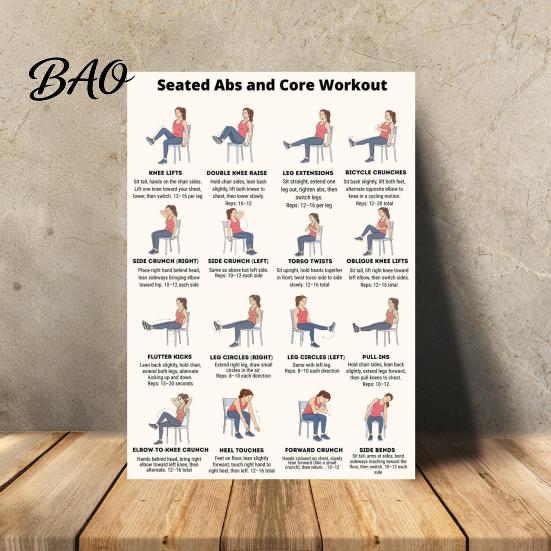 Abdominal Exercises Sitting 2 Sheets Seated Core Exercise Poster, Chair Workout Chart for Portable Reference Abs, Home Gym Wall Art, Strength Training
