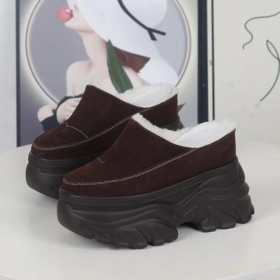 Модные женские полушлепанцы на меховой платформе, женские ретро замшевые теплые туфли, осенняя новинка, уличный дизайн, толстая подошва, увеличивающие рост, хлопковые шлепанцы