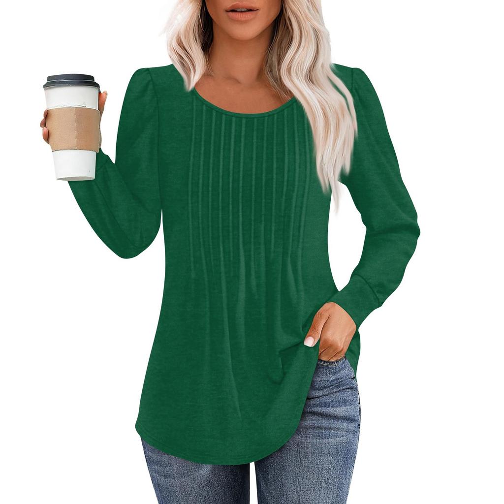 Long Sleeve Shirts For Women Tops Dressy Casual Blouses Pleated Scooped Neck Tunic Tops
