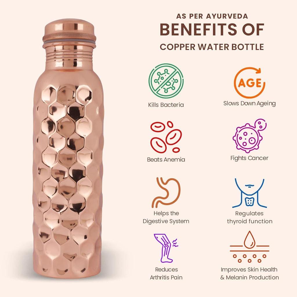 Pure Copper Water Bottle / 1 litre/Eco-friendly/Handcrafted/Wide Mouth/Reusable/Everyday Use for Yoga/Fitness Sports/Office/Travel