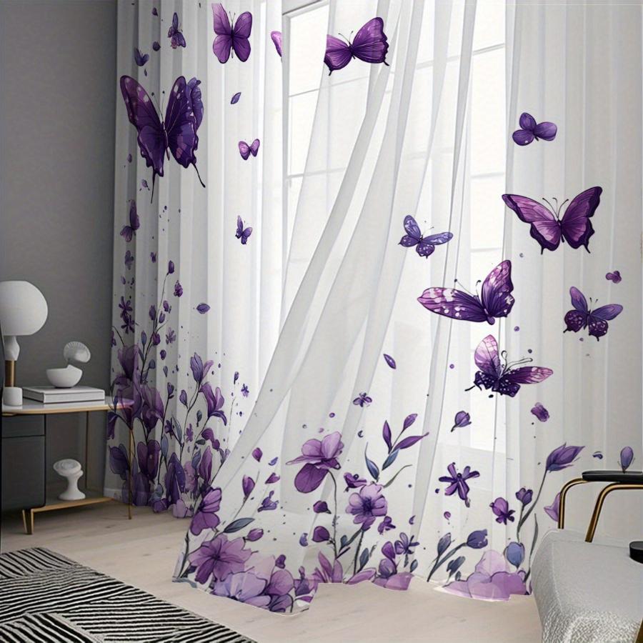 2PCS Purple Sheer Curtains Dreamy Butterfly Print Ethereal Fairy Tale Fantasy Home Decor Window Treatment