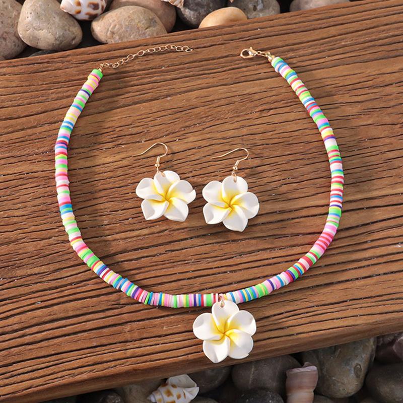 Bohemian vacation style egg flower necklace earrings set ins niche flower soft pottery color collarbone chain tide