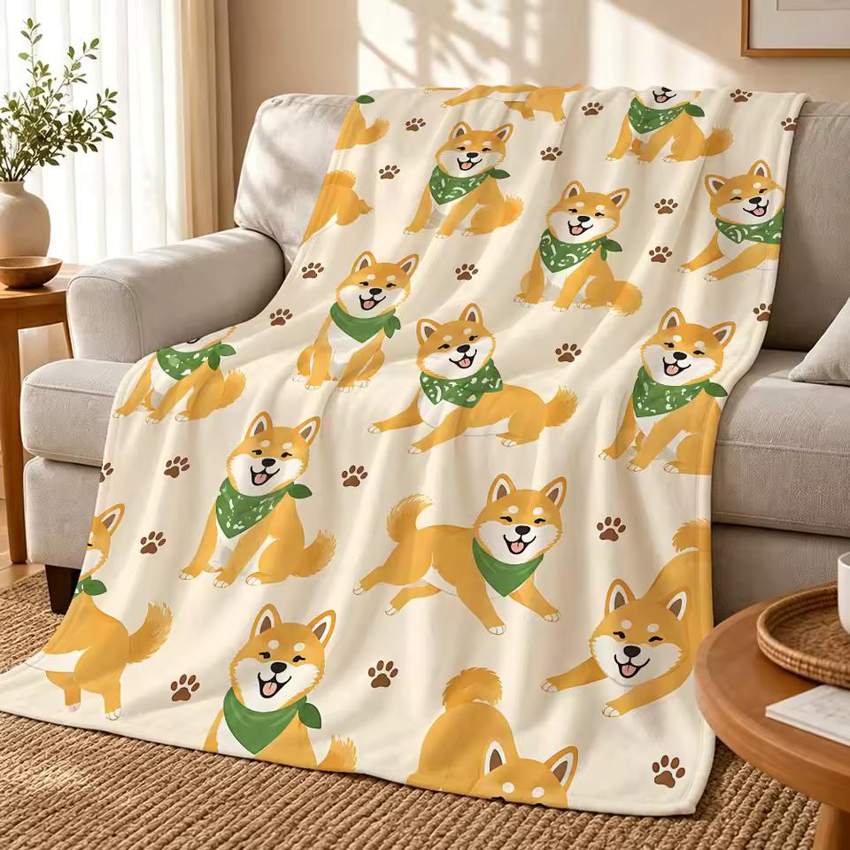 CartoonShibaInu Throw 240g flannel blanket, suitable for sofas, beds, offices, exquisite gift blankets