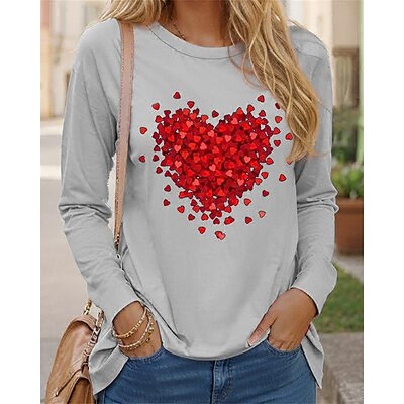 Жен. Футболка Футболка Сердце День святого Валентина Валентина Выходные Черный Лиловый Серый С принтом Длинный рукав Мода Круглый вырез Обычный крой Весна и осень