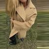 Womens Winter Wool Trench Coat Scarf Collar Fringe Detail Double Breasted Lantern Sleeve Mid-Length Outerwear