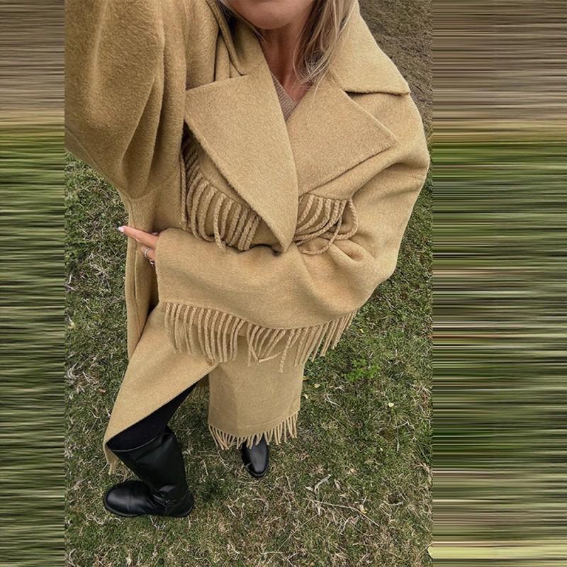 Womens Winter Wool Trench Coat Scarf Collar Fringe Detail Double Breasted Lantern Sleeve Mid-Length Outerwear