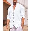 Men's Cotton Linen Shirt Men Long Sleeve Beach Shirt Summer Casual Solid Color Henry Collar