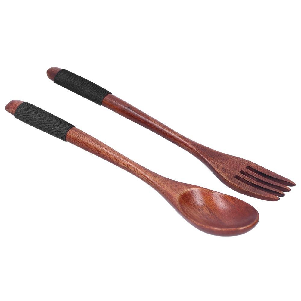2Pcs Wood Serving Spork Black Line Decor Handle Cooking Spork Reusable Kitchen Utensil Kitchen