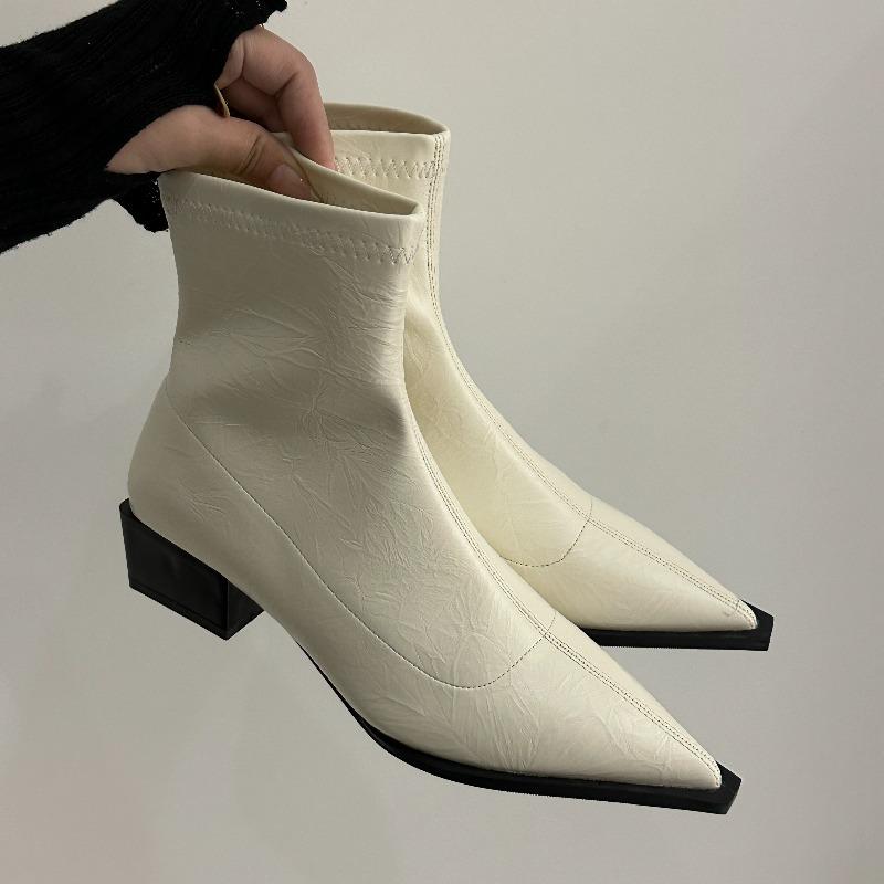 Новые женские ботильоны с острым носком, модные, на толстом каблуке, облегающие, короткие ботильоны, осенне-зимние, из мягкой кожи, женская обувь