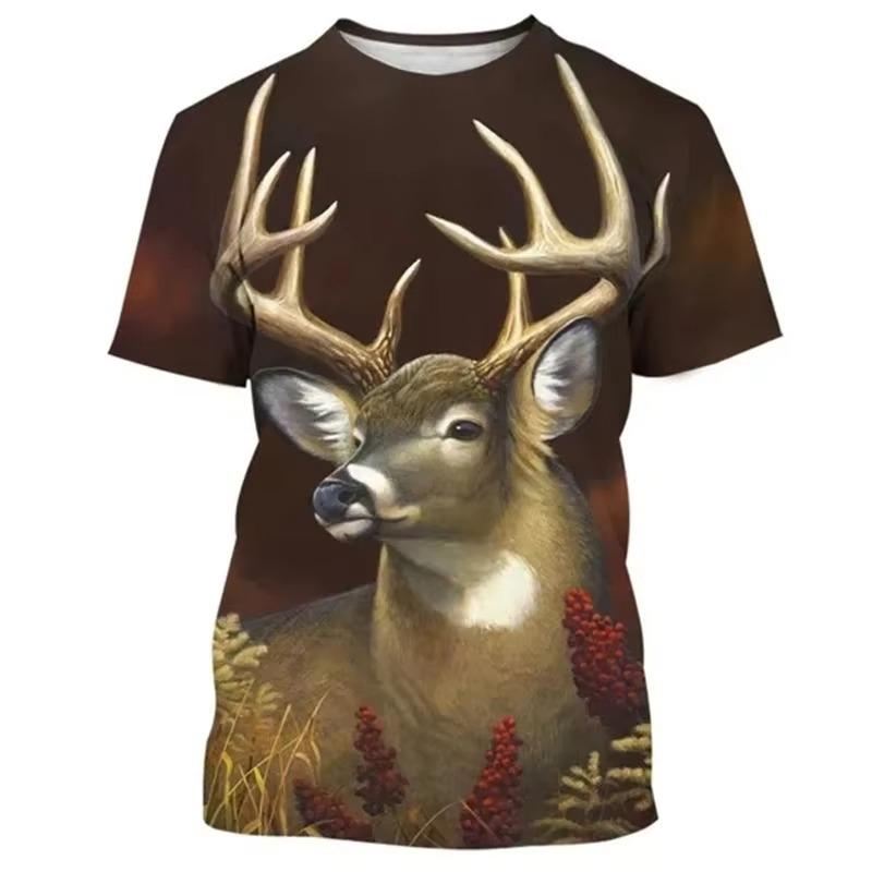 Deer 3D Printing T-shirt Funny Animal Hunting Graphic Short Sleeve Round Neck Tee Shirt Men's Outdoor Trend Personality Tees