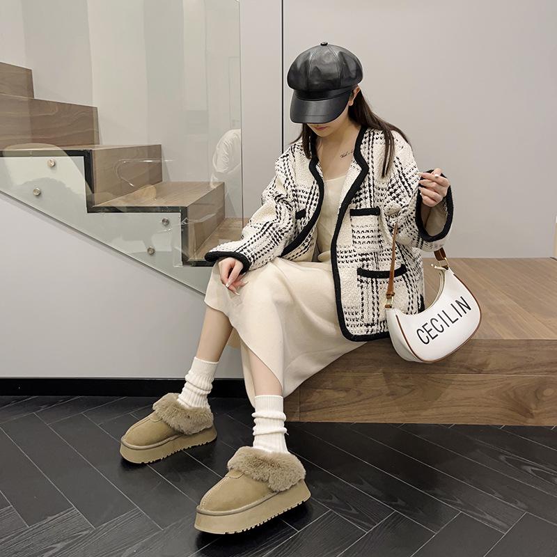 Женские тапочки из натуральной кожи и меха 2024 года — новые зимние ботинки на толстой подошве с застежкой-молнией сверху, нескользящей плоской подошвой.