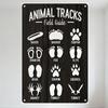 Animal Tracks Field Guide Metal Tin Sign, 12 Animal Track Illustrations with Misspelled Labels, Black Wood-Style Vintage Decor F