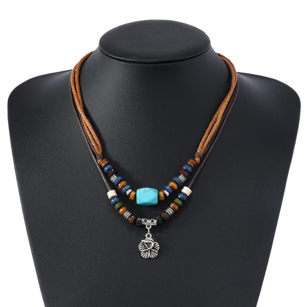 Butterfly-shaped Wooden Beaded Double-layer Necklace, Women's Retro-style Woven Rope Collarbone Chain