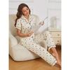 Allover Heart Print Pajama Set Casual Short Sleeve Buttons Lapel Top & Elastic Pants Women's Sleepwear