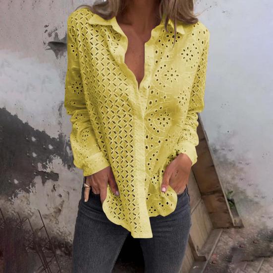 Women Shirt Lapel Long Sleeve Hollow Flower Pattern Shirt Tops Solid Color Loose Fit Single