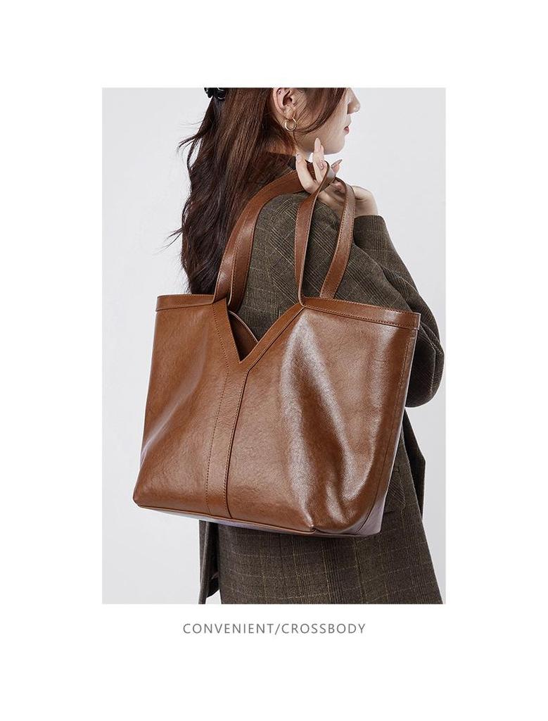 2024 Autumn Korean-Style Genuine Leather Women's Tote and Shoulder Bag, Large Capacity Cowhide Handbag.