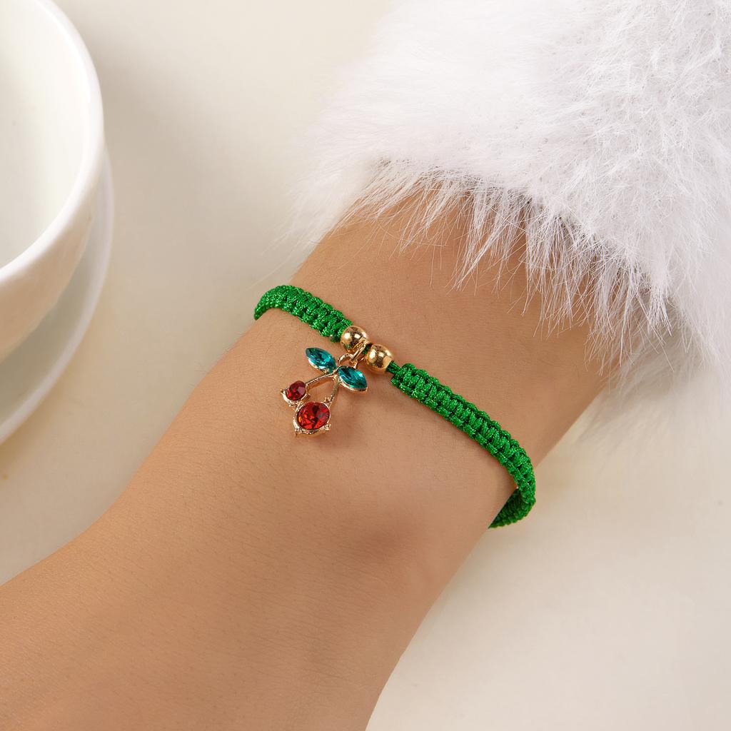 Fashion Simple Rhinestone Cherry Braided Bracelet for Women Delicate Colorful Charm Rope Bracelet Girls Party Jewelry Gift
