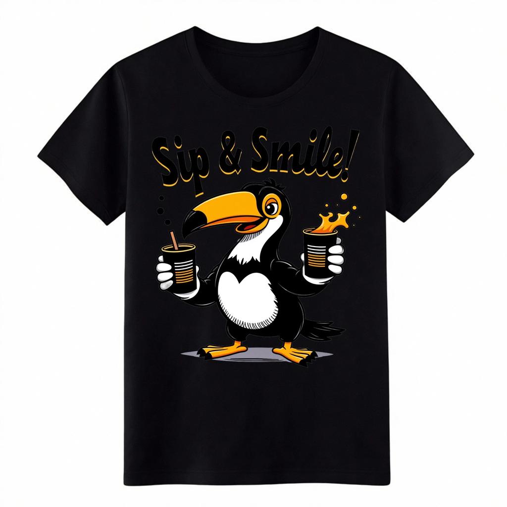 Sip & Smile Toucan Graphic Tee-Cute Cartoon Bird Print T-Shirt for Daily Wear