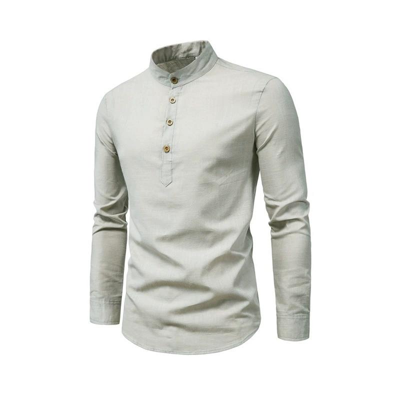 Men's Solid Color Stand Collar Long Sleeve Shirt, Smil Fit Casual and Fashionable Cotton Long Sleeve Henry Shirt