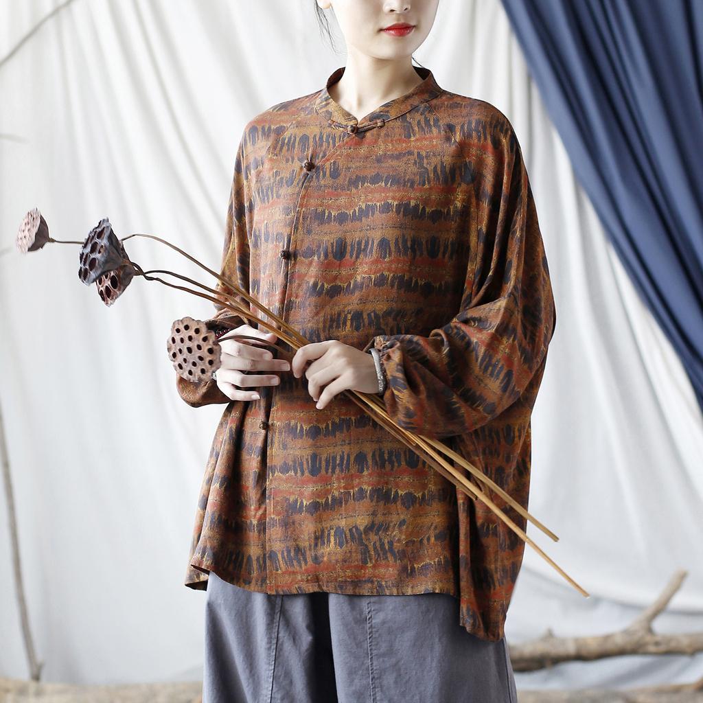 Johnature Women Vintage Print Floral Shirts Autumn Cotton Linen Tops Stand Long Sleeve Blouses Loose Button Shirts