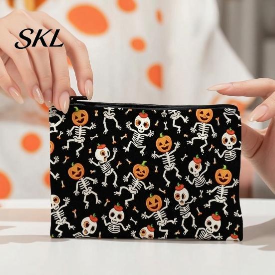 Large Capacity Pencil Pouch Halloween Storage Bag, Cosmetic with Pumpkin Small Toiletries Organizer Castle Skull Print, Smooth Zipper Thickened Canvas