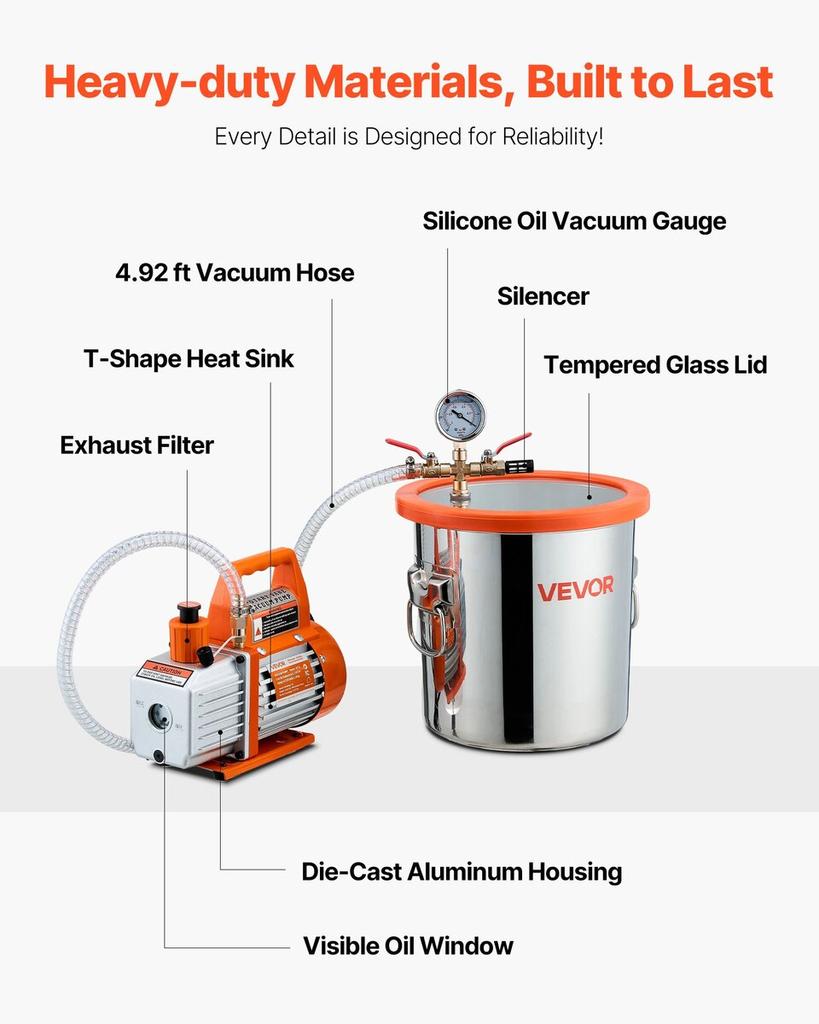 110L/min Single Stage Vacuum Pump 11.36L Stainless Steel Degassing Chamber