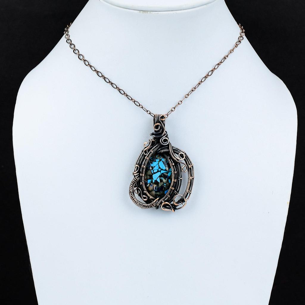 Медный кулон с мульти-бирюзой, кулон, обмотанный медной проволокой, кулон с драгоценным камнем, кулон в этническом стиле, подарок для него, украшения из медной проволоки ручной работы