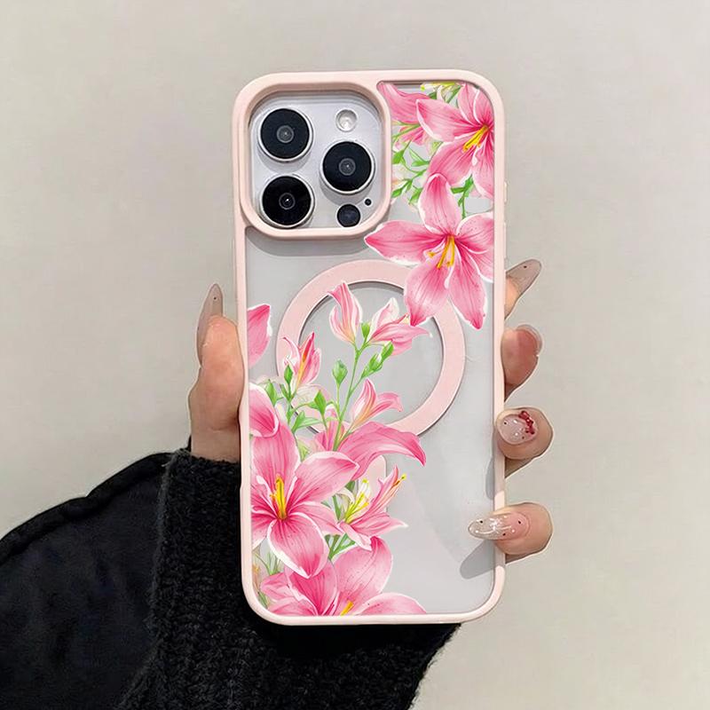 Прозрачный магнитный чехол для телефона с узором из розовых лилий для iPhone 17 16 15 14 13 12 Pro Max Plus 11 17Air 17E 16E Прозрачная крышка