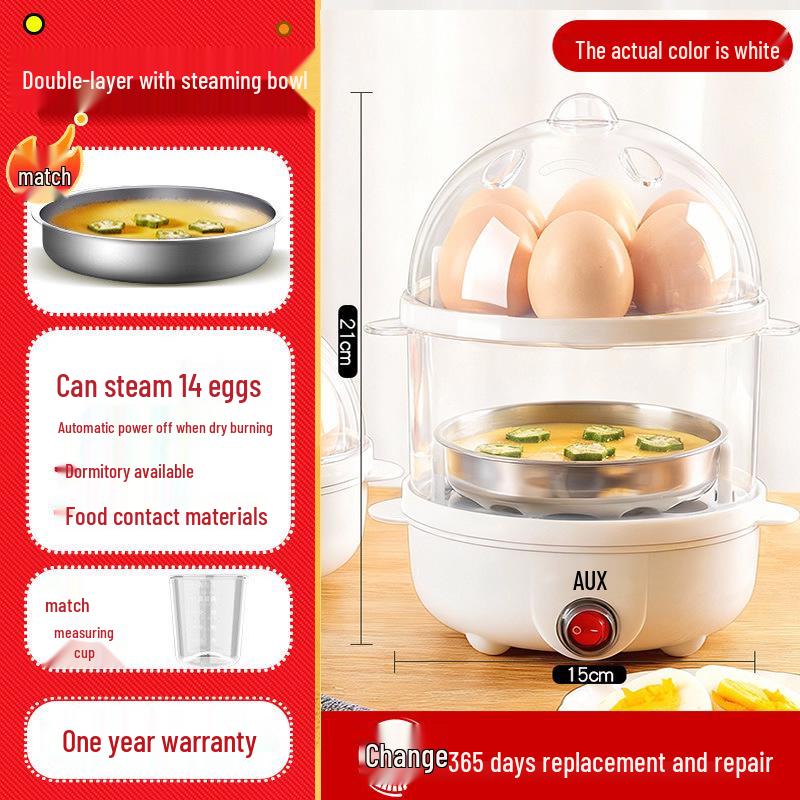 AUX 108B Multi-Functional Egg Boiler with Automatic Power-Off, Stainless Steel, Double Layer Mini Steamer