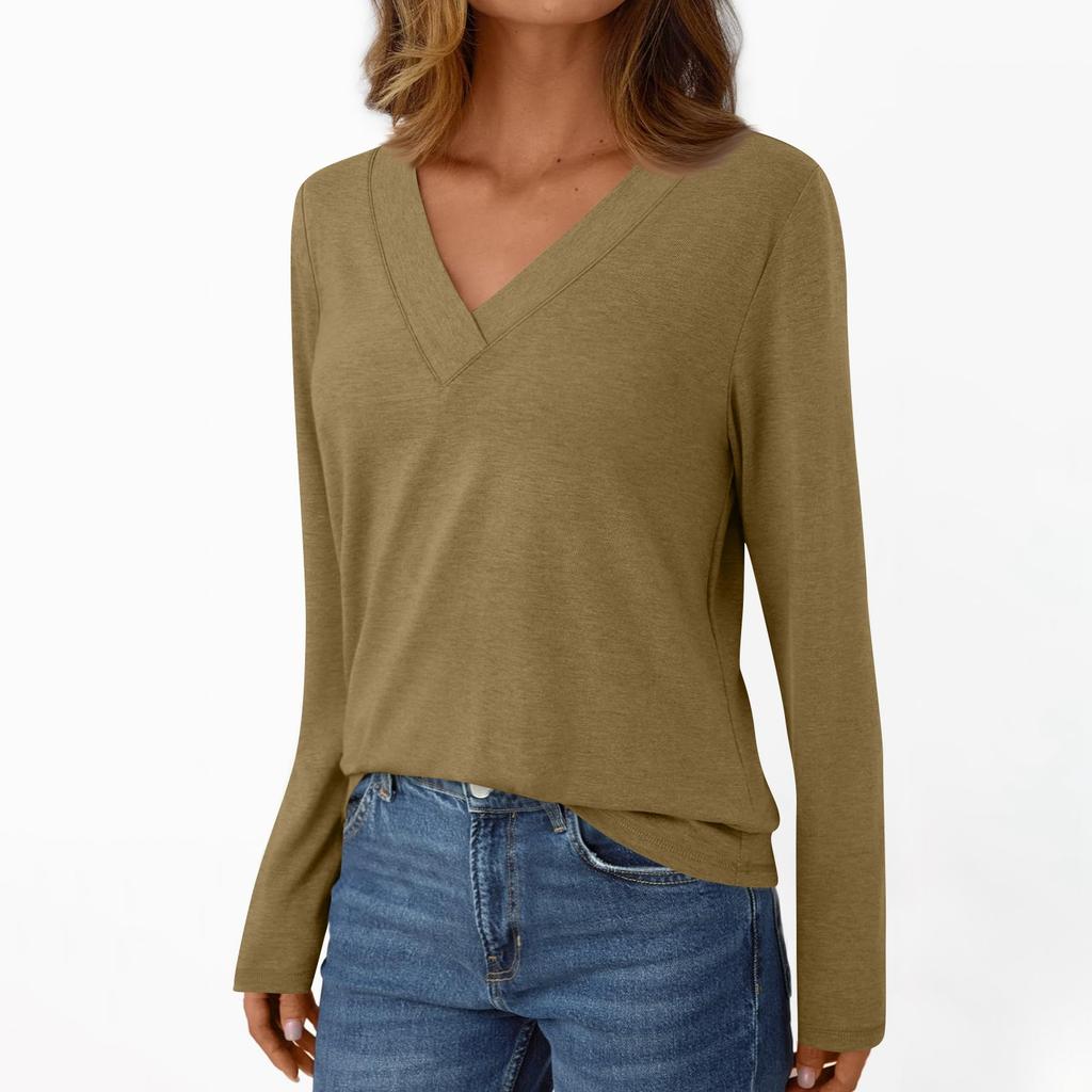 Женская повседневная модная футболка с длинными рукавами и V-образным вырезом, однотонная, с начесом
