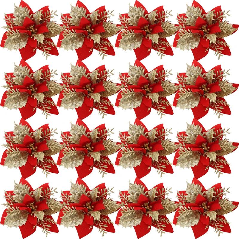 50/5 шт. искусственные блестящие рождественские цветы с зажимами для украшения рождественской елки искусственные цветы цветочные новогодние вечерние украшения для дома