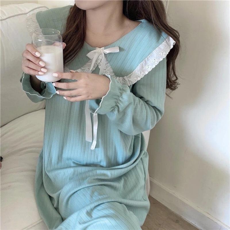 Long Sleeved Dress Pajamas Women Sweet Girl Korean Chic Ins Style White Autumn Princess Style Midi Dress Home Wear Two-piece Clothes