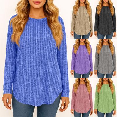 Женская модная однотонная футболка-пуловер с круглым вырезом, длинными рукавами и свободного кроя