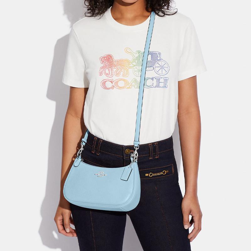 Coach Teri 24 Solid Color Silver Letter Logo Embossed Nameplate Pebbled Leather Crescent Bag Women Shoulder Bag Blue CA209-SVQVE