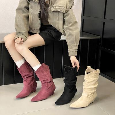 [Заводской Склад] Ботинки Maillard Новые Заостренные Ботинки Средней Высоты Коричневые Женские Ботинки Плиссированные Ботинки с Напуском Ковбойские Ботинки