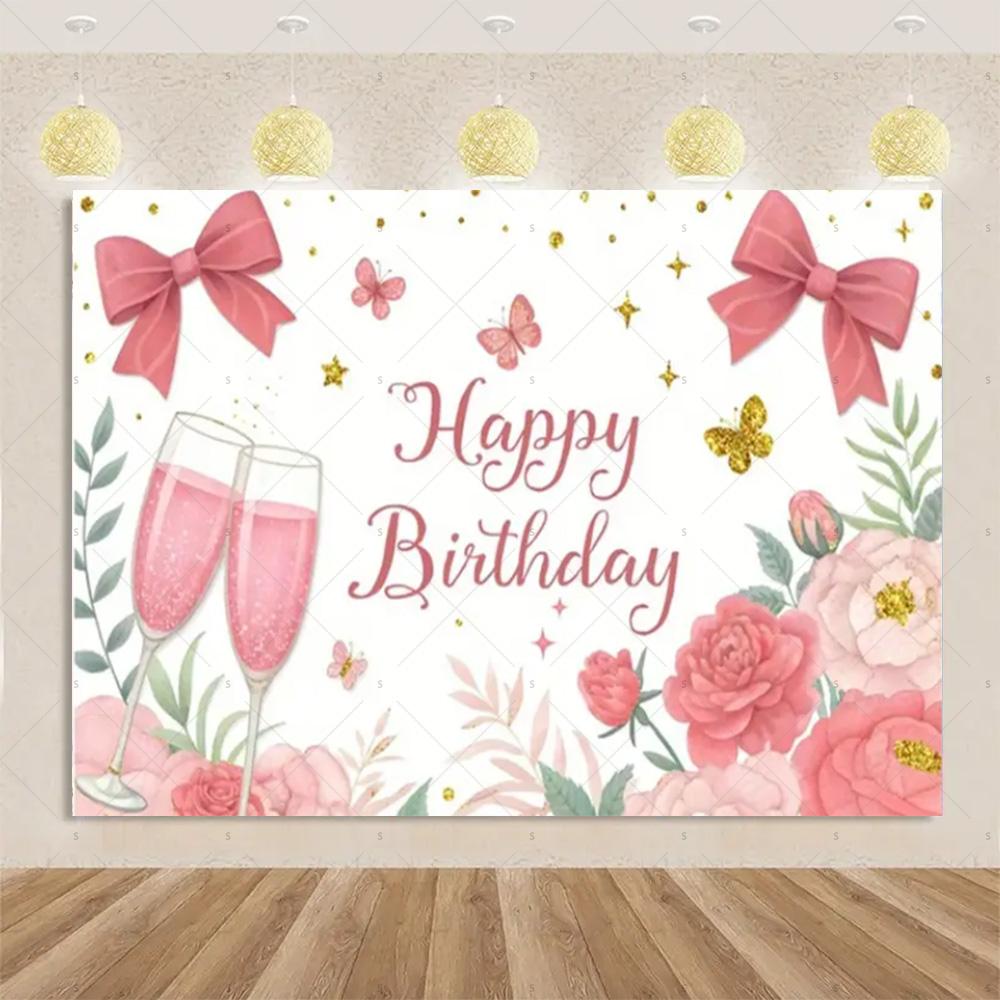 Pink Bow Tie Background Banner Girls Birthday Party Decorations Balloon Flower Photography Backdrop Supplies Photo Shoot Props