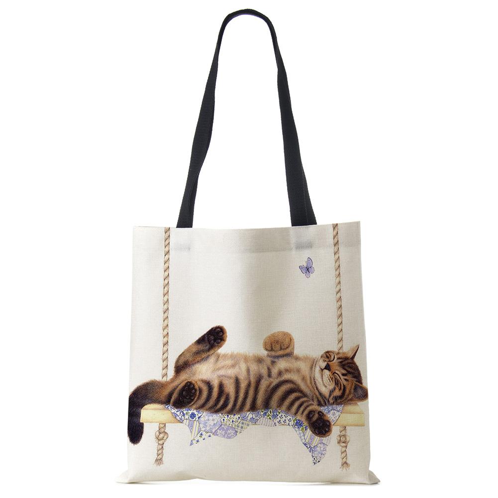 Cute Cat Flower Painting Print Womens Designer Tote Bags Women Handbag Large Shopping Bag Foldable For Groceries CLE