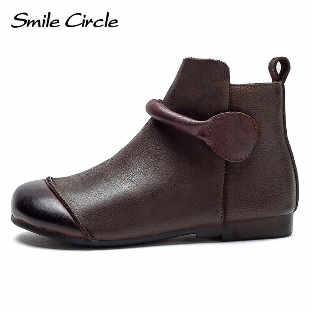 Женские ботинки из натуральной кожи, ботильоны с круглым носком и боковой молнией, модные удобные туфли на плоской подошве