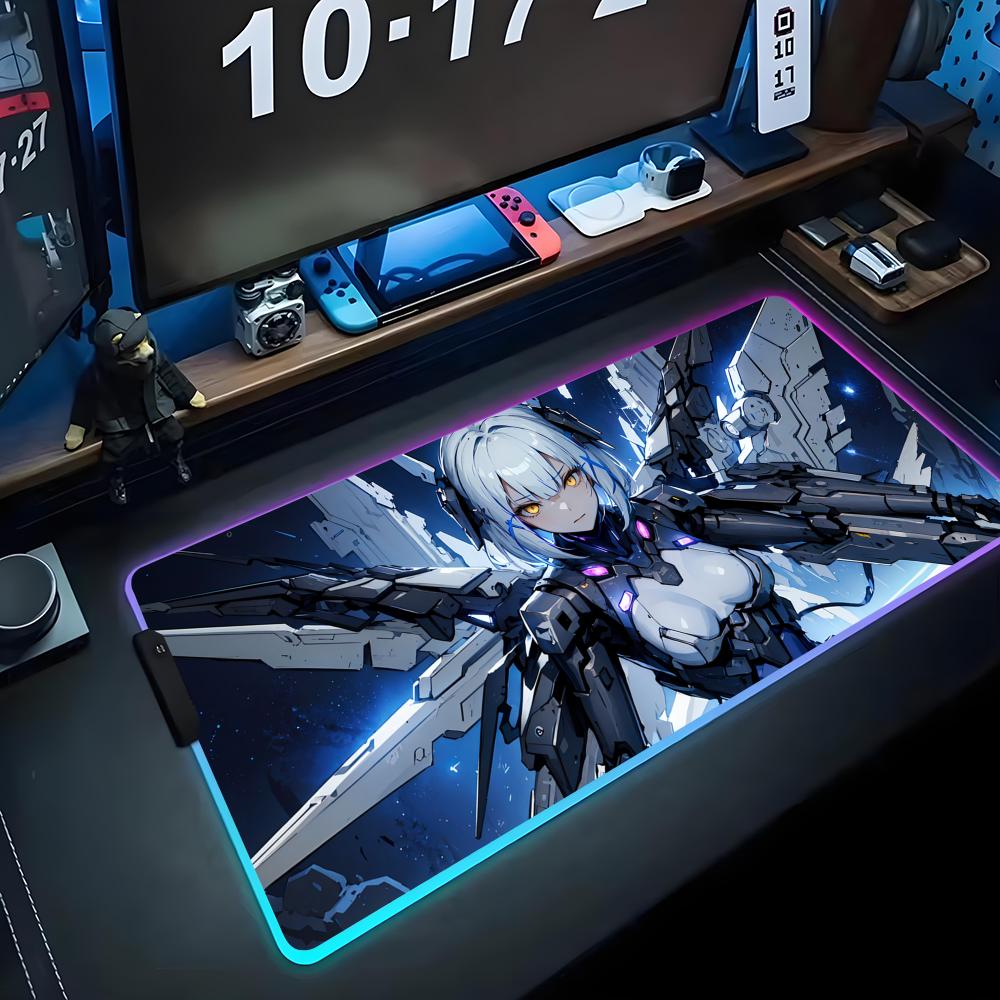 Аниме Девушка Меха Коврик для Мыши RGB Игровой Коврик для Мыши Большой LED Коврик Настольный Коврик для ПК Светящийся Коврик для Мыши Большие Коврики для Клавиатуры Настольный Ковер С