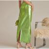 PU Leather Green Split Skirt for Women High Waist Hip Package Pathwork Bodycon Maxiskirt Sexy Female Prom Skirt New In 2023