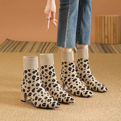 Ботильоны-носки для женщин с острым носком, на низком толстом блочном каблуке, эластичные ботильоны без застежек, женские удобные вязаные ботинки «Челси» с квадратным носком