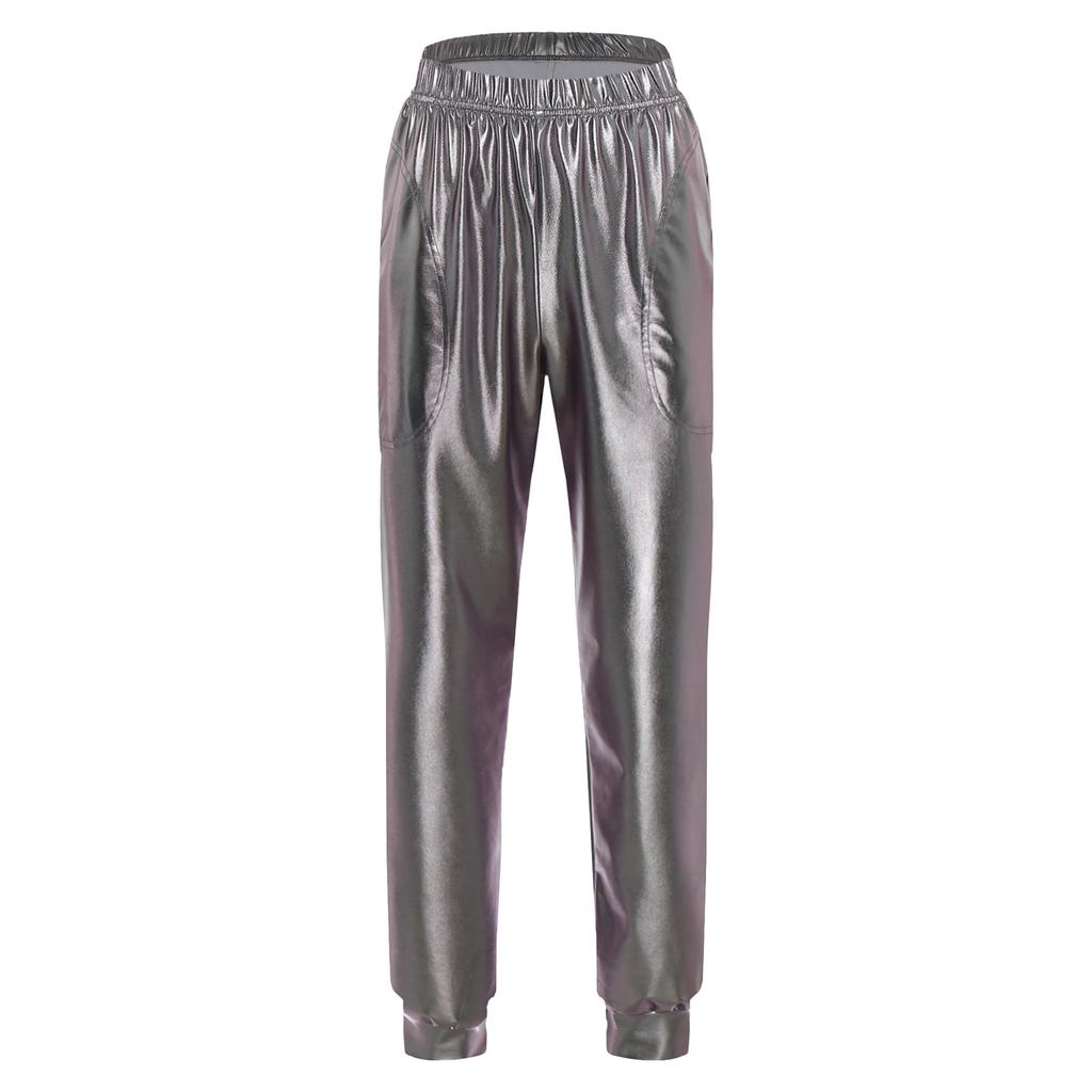 Женские металлизированные танцевальные брюки с высокой талией, эластичный пояс, свободный крой, спортивные брюки, блестящие, современные брюки