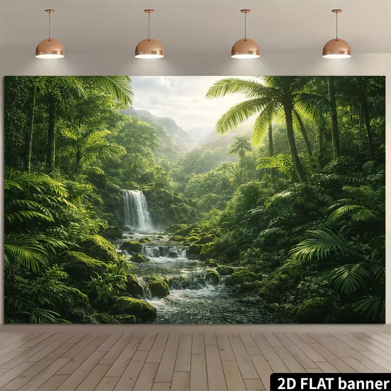 2D Lush Jungle Banner with Palm Trees and Mountains Photo Booth Background Cloth