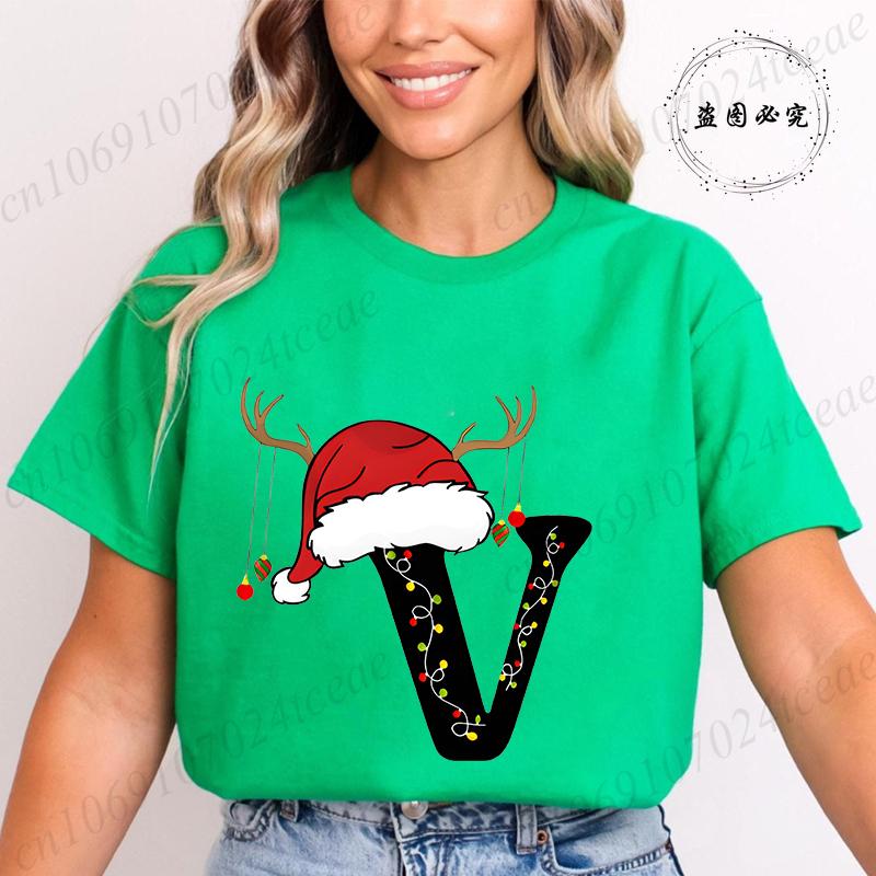 Fashion Merry Christmas Gift for Female Clothing Christmas 26 Alphabet Print TShirt for Women Casual Xmas Tees Short Sleeve Top